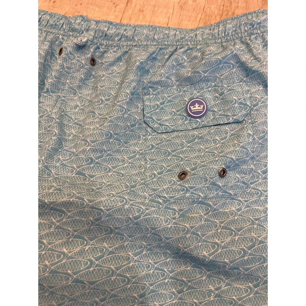 Peter Millar Crown Mens XXL Blue Fish Print Swim Trunks Board Shorts Mesh Liner